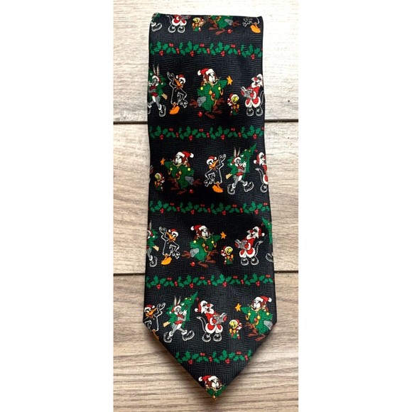 Vintage Looney Toons Christmas Tweety Bugs Bunny Sylvester Daffy Duck Neck Tie - Picture 1 of 3